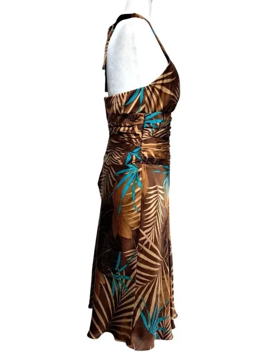 Jones New York Silk Halter Dress Womens Size 8 Brown Tropical Print Ruched Waist - Picture 7 of 9